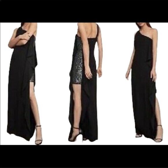 BCBGMaxAzria One-Shoulder Ruffle Glitter Panel Evening Gown Maxi Dress Black 0 - Picture 7 of 13